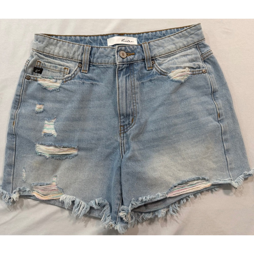 KanCan Distressed Rainbow Stitch Denim Shorts Light Wash High Rise KC9180NL 7/27